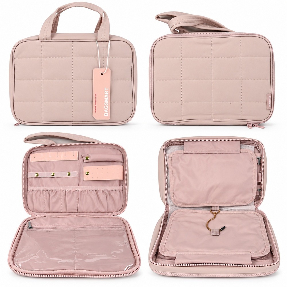 Bagsmart Quilted Travel Jewelry Organizer Case Blush Pink Hanging Cosmetic Bag
